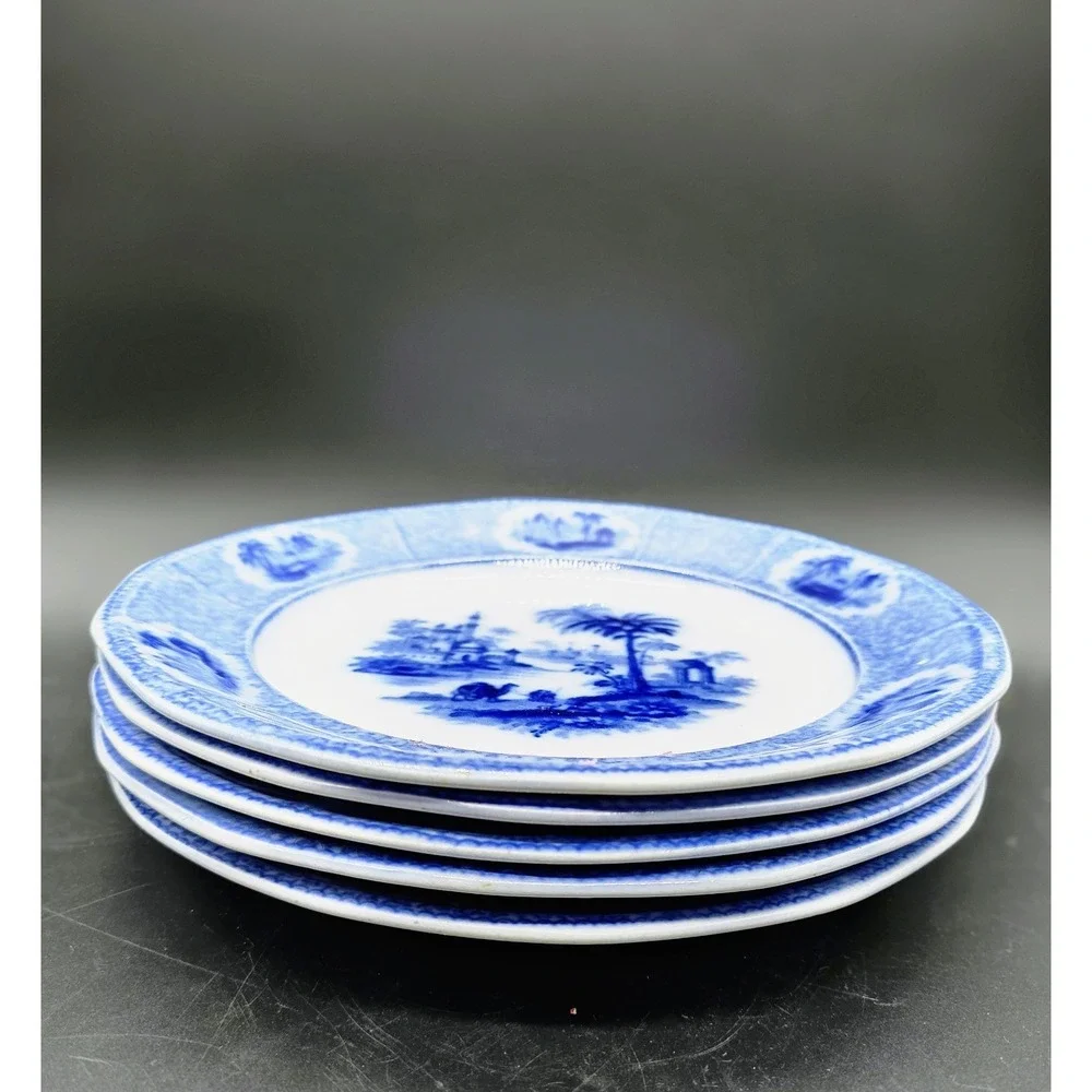 Set of 5 Antique W Adams & Sons Euphrates Flow Blue Ironstone Plates England